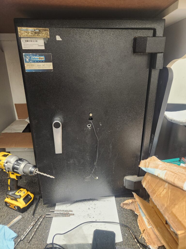 Safe that was drilled open to gain entry to locked out safe - Professional safe opening and installation Memphis TN